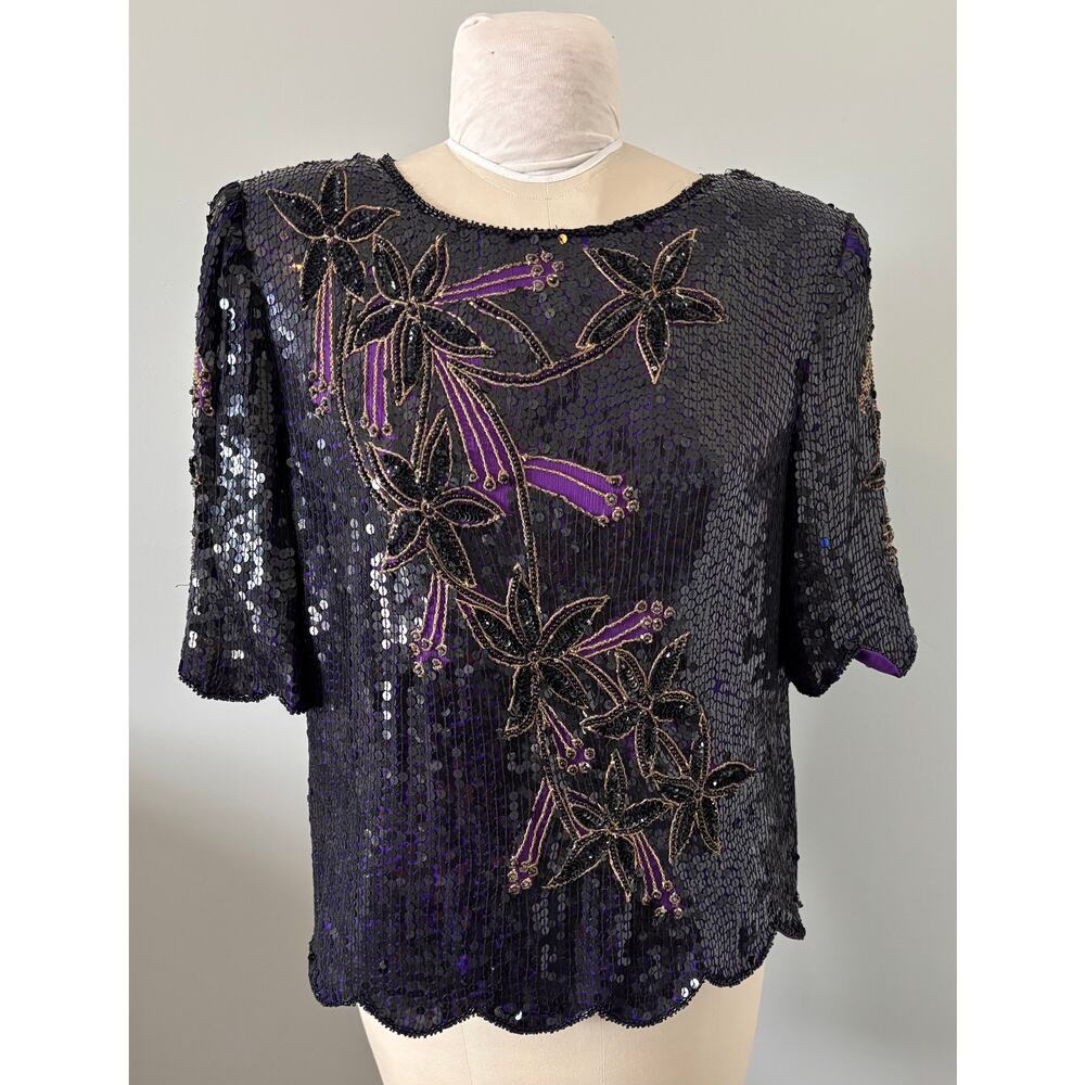 Vintage Scala Silk Sequin Beaded Short Sleeve Shirt XL Top Black Purple